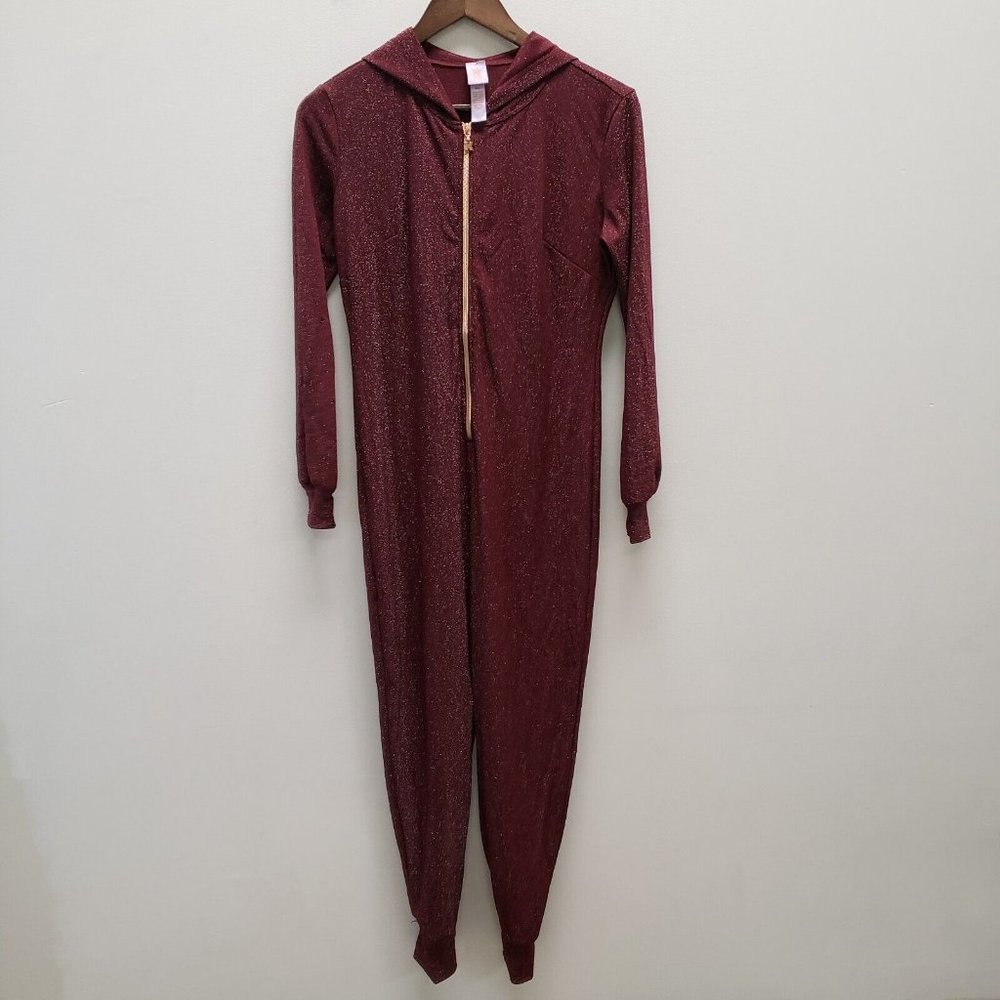 Savage Fenty Womens Sparkle Jumpsuit Size S Maroon Hooded Lounge Zip Metallic